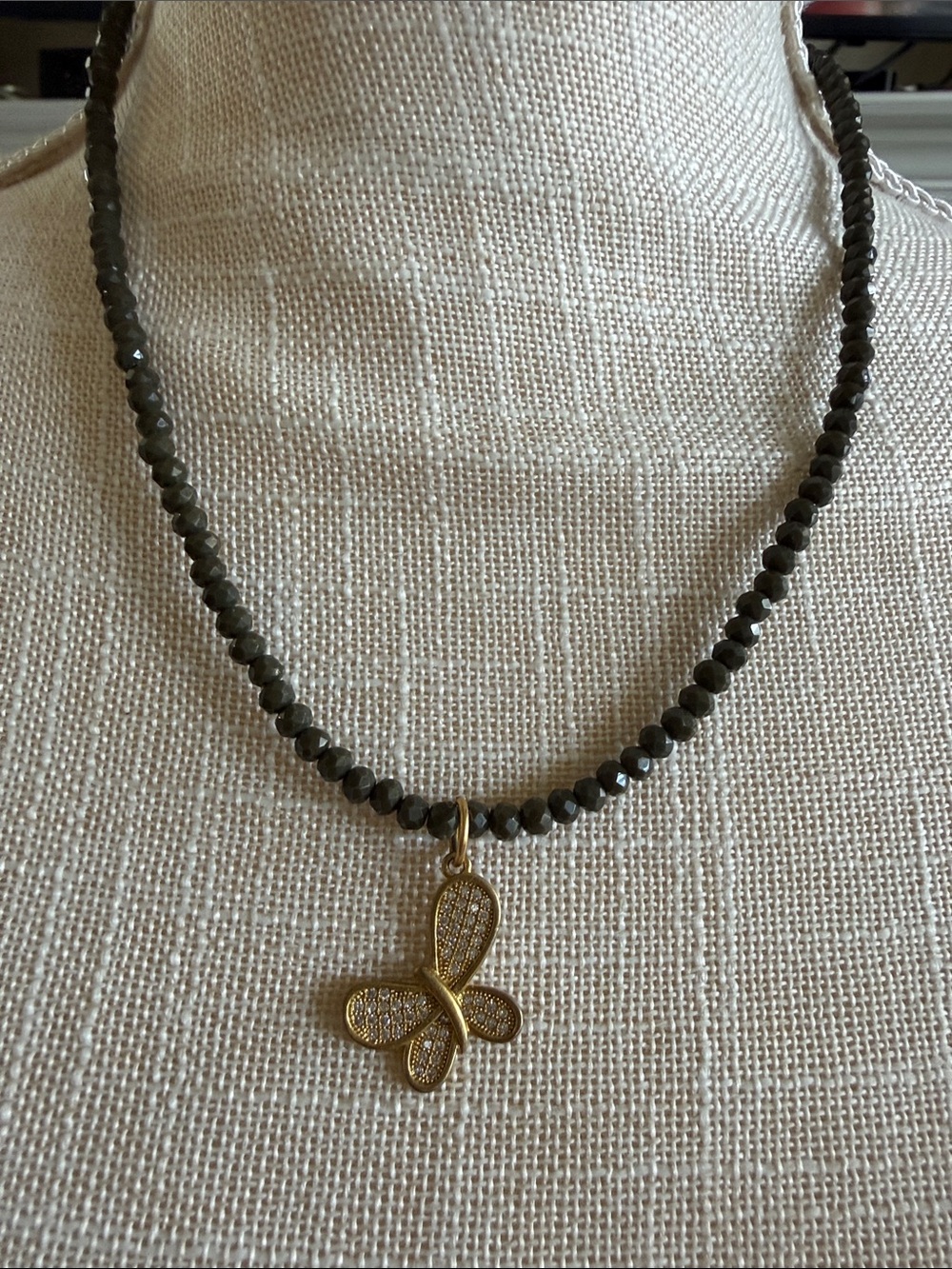 16” Gold Butterfly Pendant Necklace with Dark Gray Beaded Chain